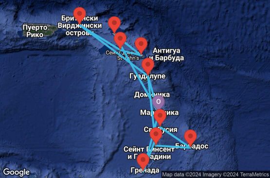 Маршрут на круиз 14 дни Мартиника, Гваделупа, Сейнт Винсент и Гренадини, Барбадос, Сейнт Лусия, Гренада, Вирджински острови (Великобритания), Сейнт Китс и Невис, Антигуа и Барбуда, Холандски Антили - UTL9