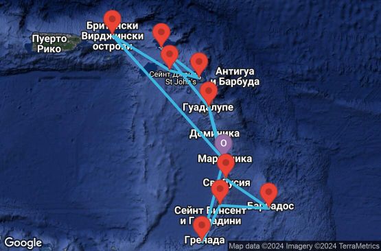 Маршрут на круиз 14 дни Мартиника, Гваделупа, Сейнт Лусия, Барбадос, Сейнт Винсент и Гренадини, Гренада, Холандски Антили, Антигуа и Барбуда, Сейнт Китс и Невис, Вирджински острови (Великобритания) - UTM3