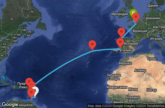 Маршрут на круиз 20 дни Барбадос, Сейнт Винсент и Гренадини, Гренада, Мартиника, Гваделупа, Холандски Антили, Португалия, Испания, Франция, Великобритания - UTLS