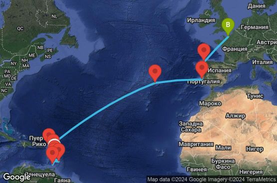 Маршрут на круиз 22 дни Мартиника, Гваделупа, Сейнт Лусия, Барбадос, Сейнт Винсент и Гренадини, Гренада, Холандски Антили, Португалия, Испания, Франция - UTRS