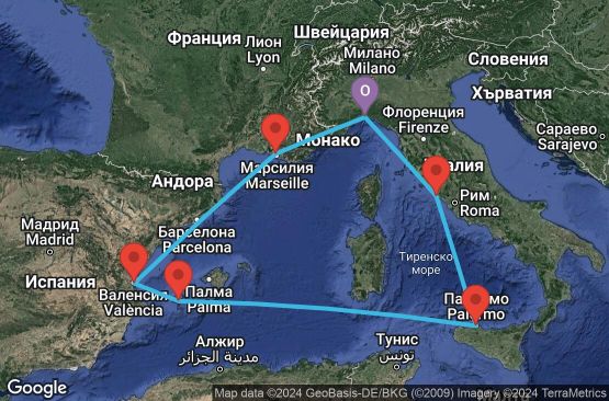 Маршрут на круиз 7 дни Италия, Испания, Франция - UTN7
