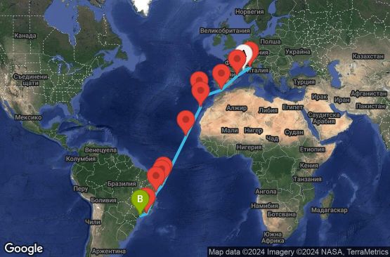 Маршрут на круиз 20 дни Франция, Италия, Испания, Мароко, Португалия, Кабо Верде, Бразилия - MRS20A0L