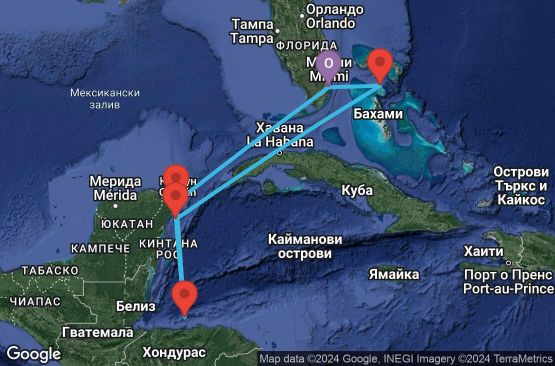Маршрут на круиз 7 дни САЩ, Мексико, Хондурас, Бахамските острови - 07W610