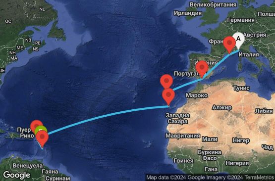 Маршрут на круиз 15 дни Италия, Франция, Испания, Португалия, Холандски Антили, Мартиника, Гваделупа - SVN15A0E
