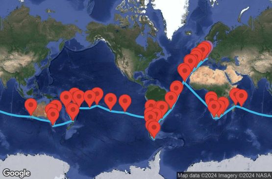 Маршрут на круиз 120 дни Италия, Франция, Испания, Мароко, Кабо Верде, Бразилия, Уругвай, Аржентина, Чили, Великобритания, Френска Полинезия, Острови Кук, Тонга, Фиджи, Нова Каледония, Нова Зеландия, Австралия, Мавриций, Мадагаскар, Южна Африка, Намибия - SVNC0A01