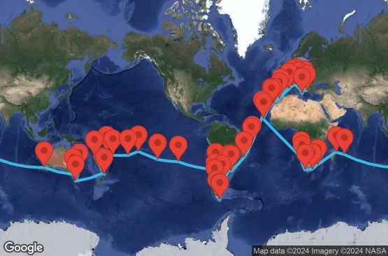 Маршрут на круиз 130 дни Италия, Хърватска, Франция, Испания, Мароко, Кабо Верде, Бразилия, Уругвай, Аржентина, Чили, Великобритания, Френска Полинезия, Острови Кук, Тонга, Фиджи, Нова Каледония, Нова Зеландия, Австралия, Мавриций, Мадагаскар, Южна Африка, Намибия, Гърция - TRSD0A01