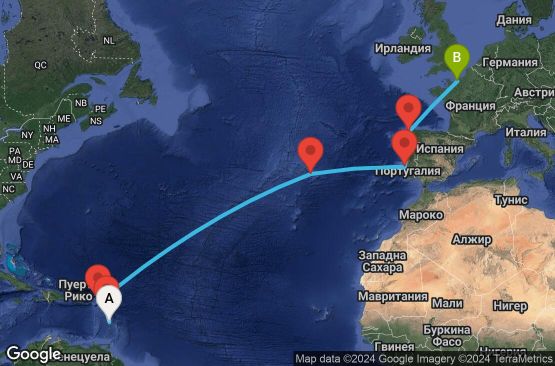 Маршрут на круиз 15 дни Мартиника, Гваделупа, Холандски Антили, Португалия, Испания, Франция - UTRT