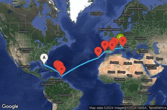 Маршрут на круиз 23 дни САЩ, Вирджински острови (Великобритания), Антигуа и Барбуда, Холандски Антили, Мартиника, Барбадос, Португалия, Испания, Италия - UTBY