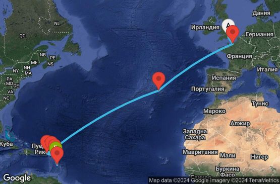 Маршрут на круиз 16 дни Великобритания, Франция, Португалия, Вирджински острови (Великобритания), Холандски Антили, Антигуа и Барбуда, Мартиника, Гваделупа - UTN6