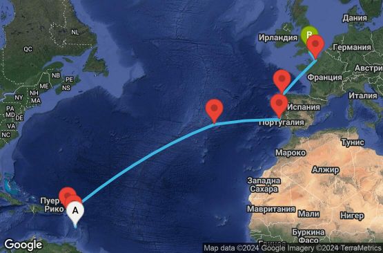 Маршрут на круиз 16 дни Мартиника, Гваделупа, Холандски Антили, Португалия, Испания, Франция, Великобритания - UTKJ