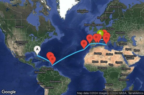 Маршрут на круиз 22 дни САЩ, Холандски Антили, Антигуа и Барбуда, Барбадос, Португалия, Испания, Италия, Франция - UTNY