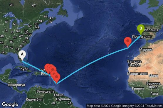 Маршрут на круиз 16 дни САЩ, Вирджински острови (Великобритания), Антигуа и Барбуда, Холандски Антили, Мартиника, Барбадос, Португалия - UTC3