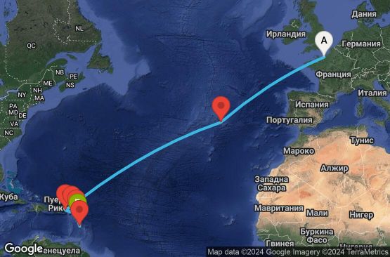 Маршрут на круиз 15 дни Франция, Португалия, Вирджински острови (Великобритания), Холандски Антили, Антигуа и Барбуда, Мартиника, Гваделупа - UTRR