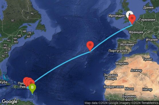 Маршрут на круиз 15 дни Великобритания, Франция, Португалия, Вирджински острови (Великобритания), Холандски Антили, Антигуа и Барбуда, Мартиника - UTK7