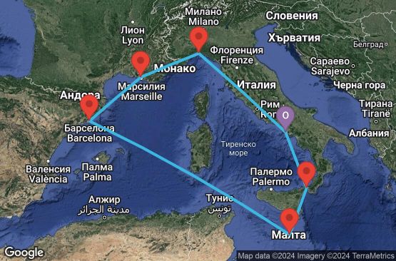 Маршрут на круиз 7 дни Италия, Малта, Испания, Франция - UU2K