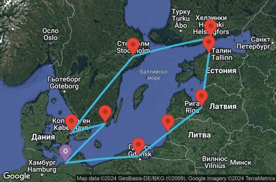 Маршрут на круиз 11 дни Германия, Полша, Литва, Латвия, Естония, Финландия, Швеция, Дания - UU24