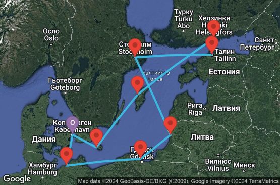 Маршрут на круиз 10 дни Дания, Германия, Полша, Литва, Швеция, Естония, Финландия - UU2B