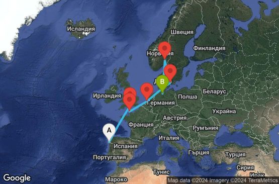 Маршрут на круиз 9 дни Испания, Великобритания, Франция, Холандия, Дания, Норвегия, Германия - UUCW