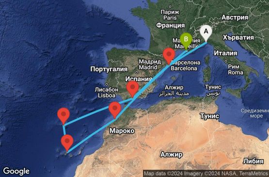Маршрут на круиз 10 дни Италия, Испания, Мароко, Португалия, Франция - USOJ