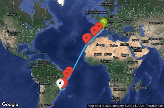 Маршрут на круиз 20 дни Бразилия, Испания, Мароко, Франция - UTZU
