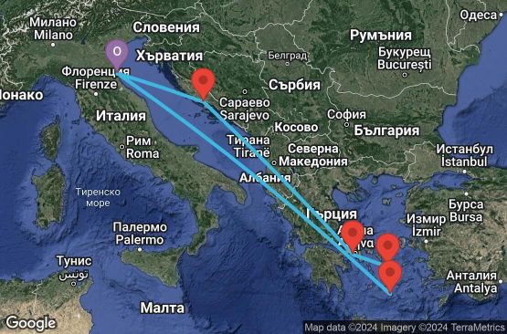 Маршрут на круиз 7 дни Италия, Гърция, Хърватска - 07M756