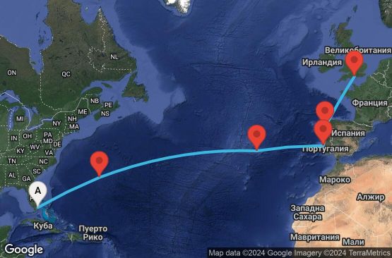 Маршрут на круиз 14 дни САЩ, Бермудските острови, Португалия, Испания, Великобритания - 14T244