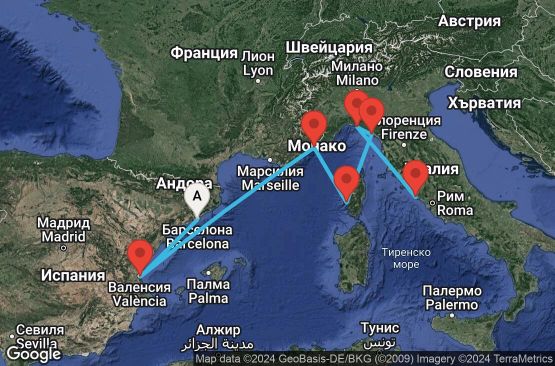 Маршрут на круиз 7 дни Испания, Франция, Италия - 07M765