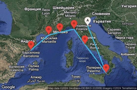 Маршрут на круиз 7 дни Италия, Франция, Испания - 07M769
