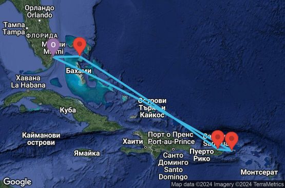 Маршрут на круиз 7 дни САЩ, Бахамските острови, Пуерто Рико, Вирджински острови (САЩ) - 07E434