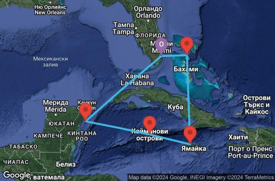 Маршрут на круиз 7 дни САЩ, Бахамските острови, Ямайка, Каймановите острови, Мексико - 07W643