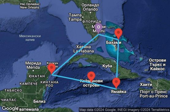 Маршрут на круиз 7 дни САЩ, Бахамските острови, Ямайка, Каймановите острови, Мексико - 07W644