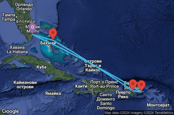 Маршрут на круиз 7 дни САЩ, Бахамските острови, Пуерто Рико, Вирджински острови (САЩ) - 07E435