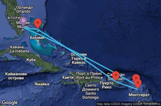 Маршрут на круиз 8 дни САЩ, Бахамските острови, Пуерто Рико, Сейнт Китс и Невис, Холандски Антили - 08E132