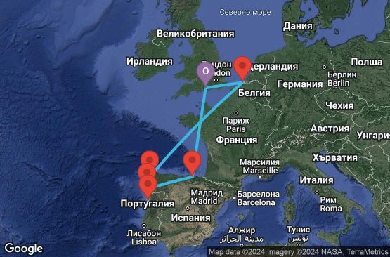 Маршрут на круиз 9 дни Великобритания, Белгия, Испания, Португалия - 09M312