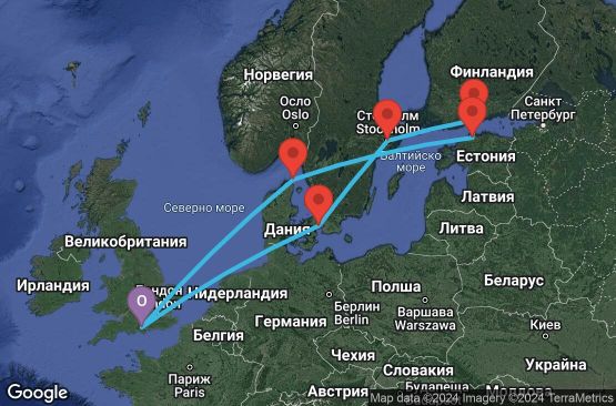 Маршрут на круиз 11 дни Великобритания, Дания, Швеция, Финландия, Естония - 11U139