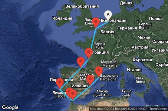 Маршрут на круиз 12 дни Холандия, Великобритания, Франция, Испания, Португалия, Гибралтар - 12U410