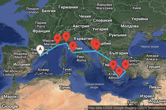 Маршрут на круиз 11 дни Испания, Франция, Италия, Черна гора, Хърватска, Турция, Гърция - 11M287