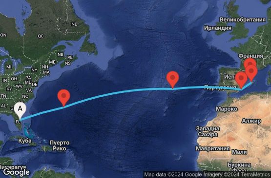 Маршрут на круиз 14 дни САЩ, Бермудските острови, Португалия, Испания - 14T245