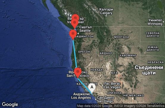 Маршрут на круиз 6 дни от Лос Анджелис до Ванкувър - 06A006