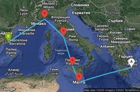 Маршрут на круиз 6 дни Гърция, Малта, Италия, Испания - ATH06A02