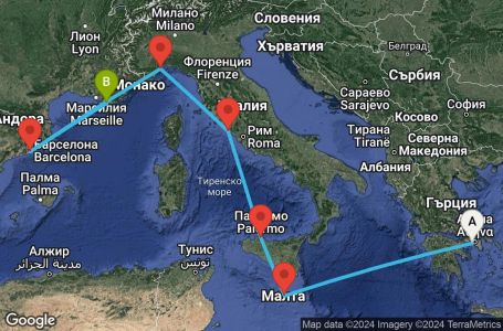 Маршрут на круиз 7 дни Гърция, Малта, Италия, Испания, Франция - ATH07A0J