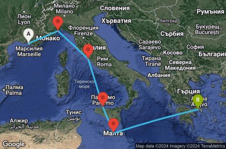 Маршрут на круиз 6 дни Франция, Италия, Малта, Гърция - MRS06A0T