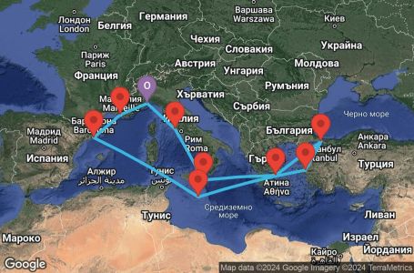 Маршрут на круиз 14 дни Италия, Гърция, Турция, Малта, Испания, Франция - SVN14A2R