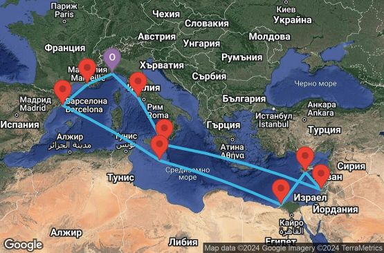 Маршрут на круиз 14 дни Италия, Израел, Кипър, Египет, Малта, Испания, Франция - SVN14A2J