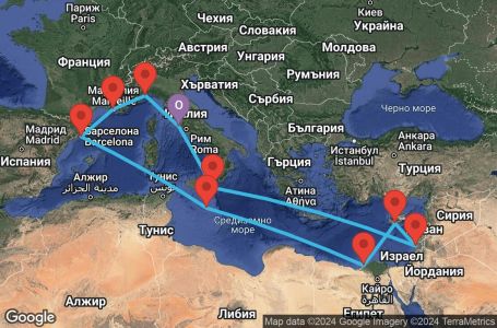 Маршрут на круиз 14 дни Италия, Израел, Кипър, Египет, Малта, Испания, Франция - CIV14A1D