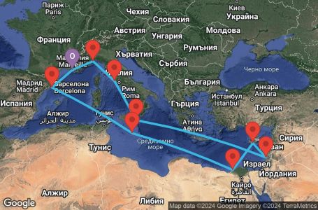 Маршрут на круиз 14 дни Франция, Италия, Израел, Кипър, Египет, Малта, Испания - MRS14A20