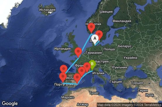 Маршрут на круиз 12 дни Германия, Дания, Норвегия, Франция, Испания, Португалия, Италия - KEL12A0B