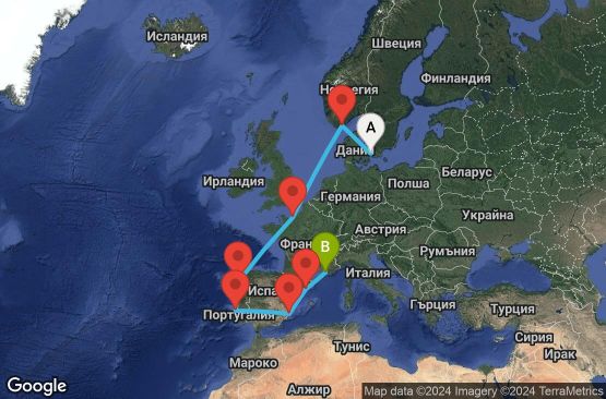 Маршрут на круиз 10 дни Дания, Норвегия, Франция, Испания, Португалия - CPH10A05