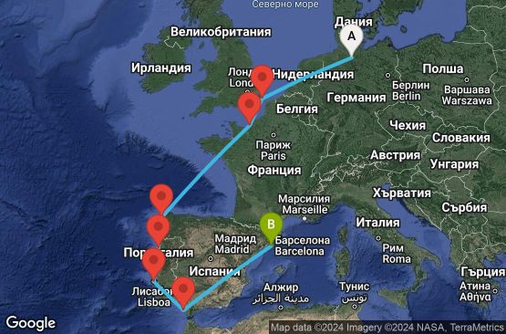 Маршрут на круиз 10 дни Германия, Великобритания, Франция, Испания, Португалия - HAM10A01