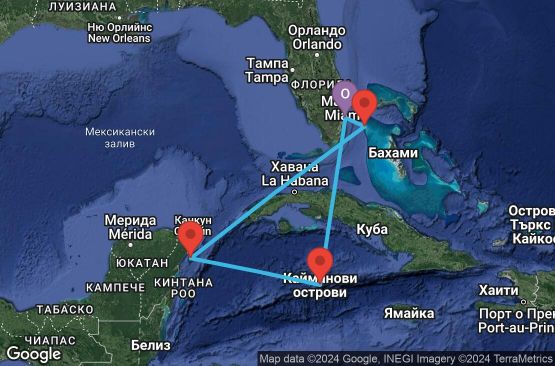 Маршрут на круиз 6 дни САЩ, Бахамските острови, Мексико, Каймановите острови - 06W252